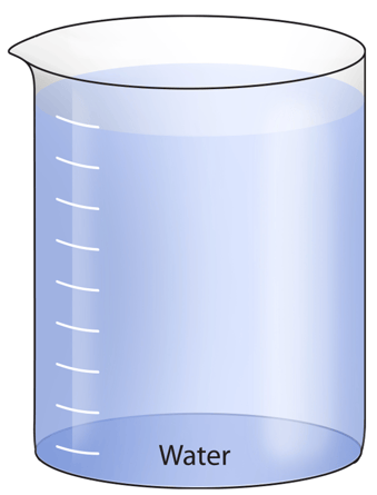 A beaker with a blue liquid labeled water.