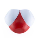 A model of a water molecule with two white pieces attached to one red piece.